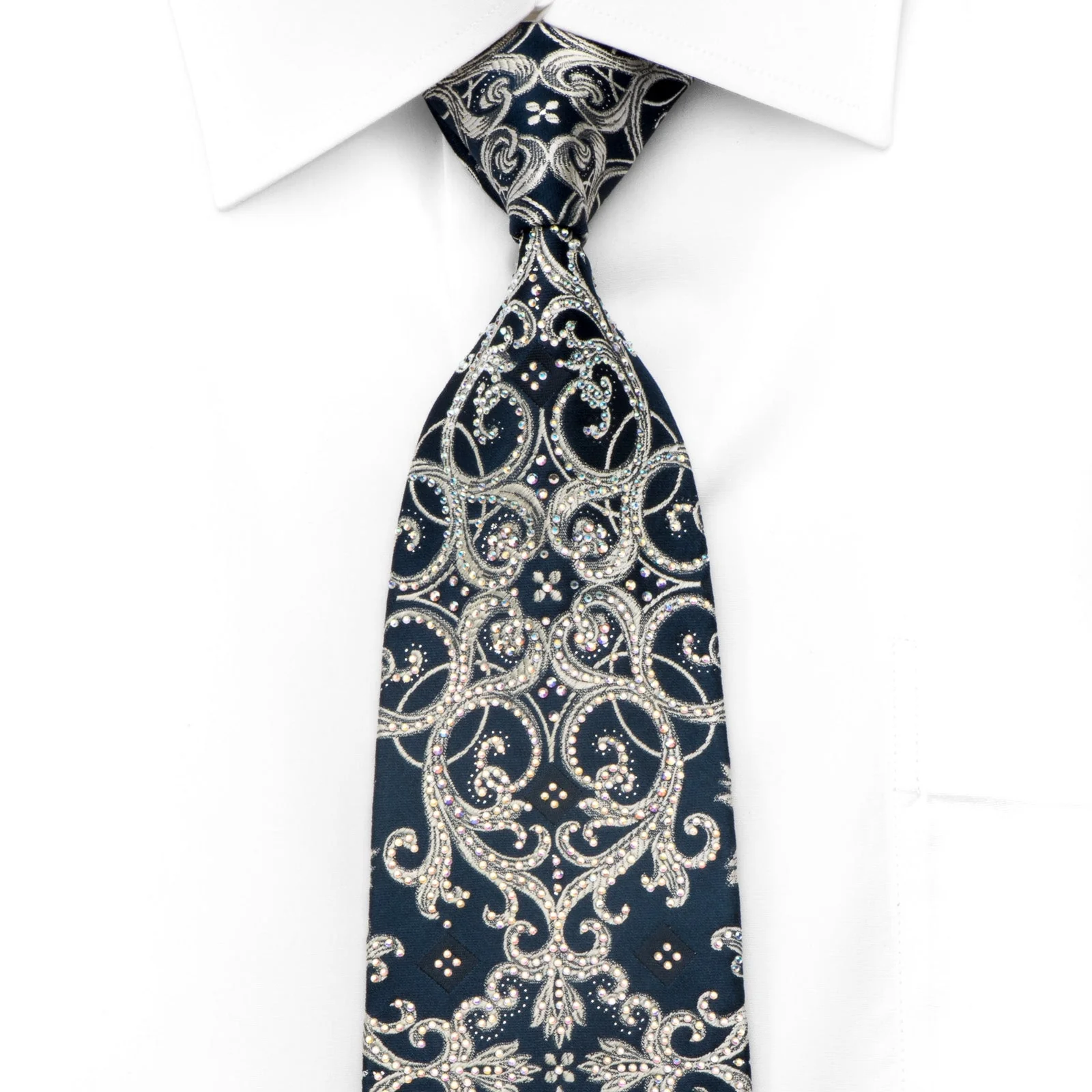 Pierre Cardin Men's Rhinestone Silk Necktie Silver Damask On Navy With Silber Sparkles