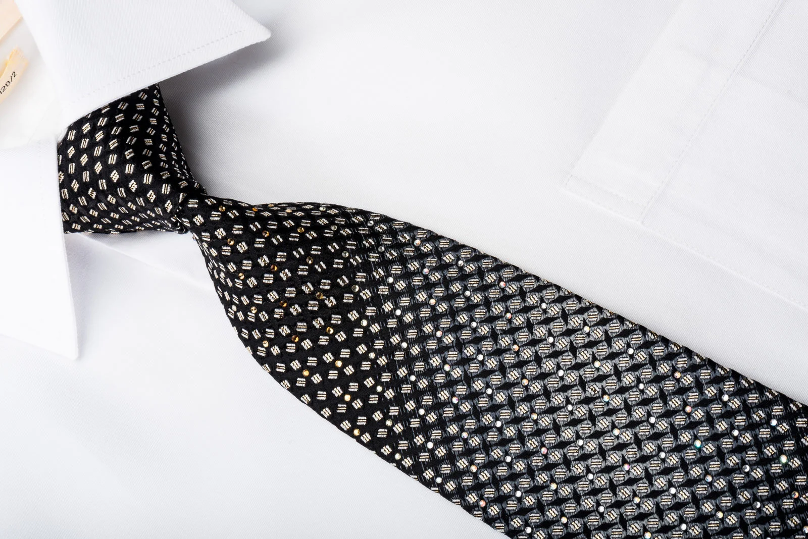 Pierre Cardin Men's Rhinestone Silk Necktie Silver Gold Geometric On Black - Image 2
