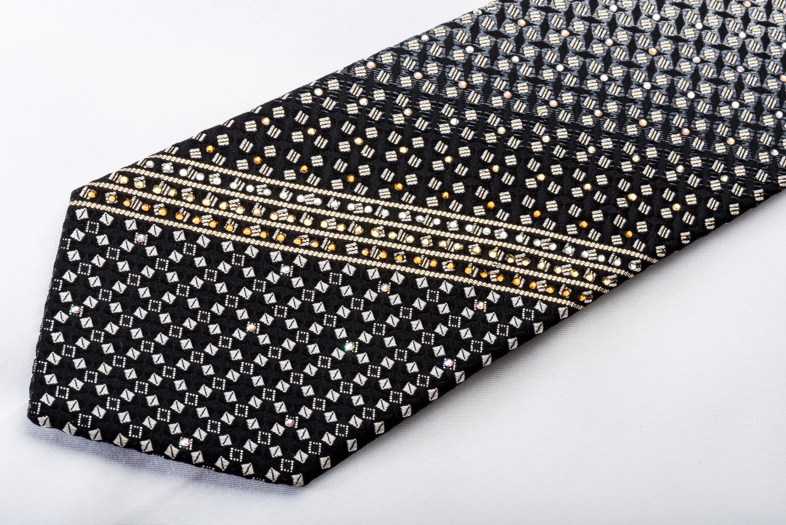 Pierre Cardin Men's Rhinestone Silk Necktie Silver Gold Geometric On Black - Image 3