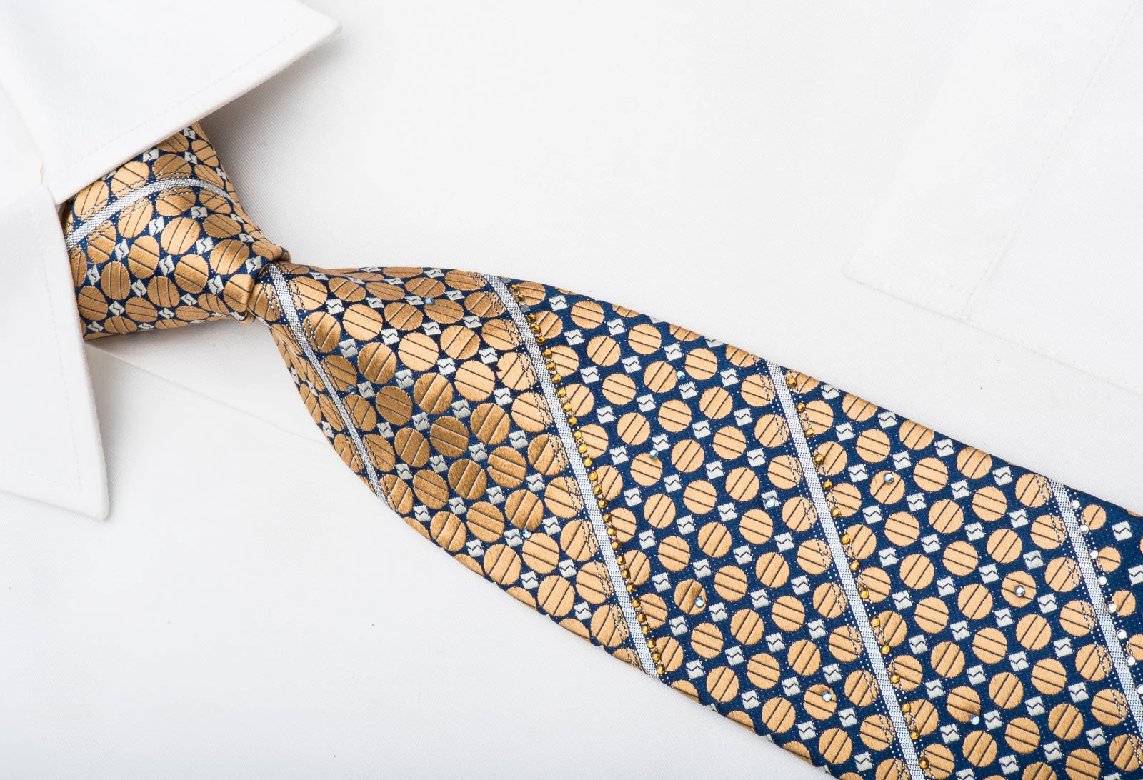 Pierre Cardin Men's Rhinestone Tie Golden Dots On Blue Silk With Sparkles - Image 2
