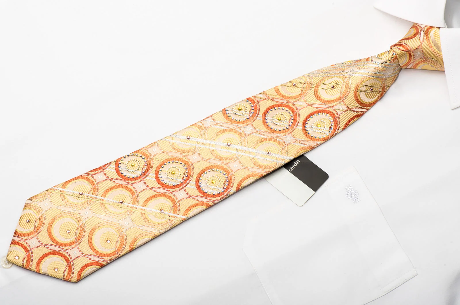Pierre Cardin Men's Silk Necktie Geometric Circles On Yellow Sparkling With Rhinestones - Image 5