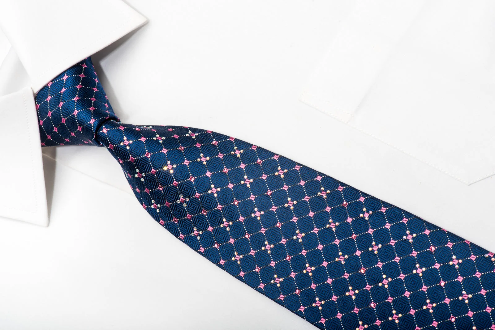 Pierre Cardin Men's Silk Necktie Silver Pink Trellis On Dark Blue Sparkling With Rhinestones - Image 2