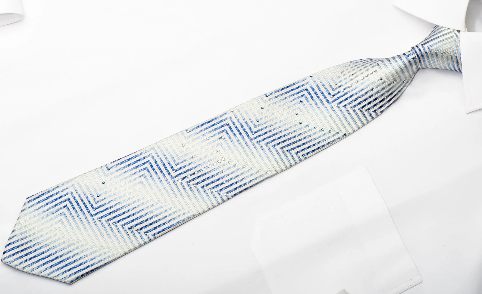 Pierre Cardin Men's Silk Necktie White Chevron Striped On Blue Sparkling With Rhinestones - Image 2