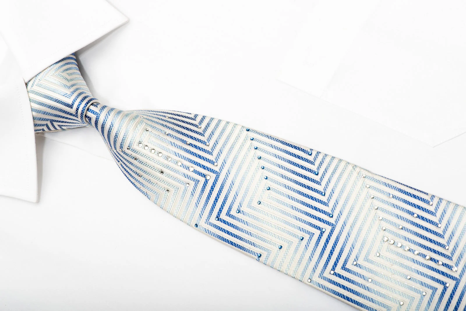 Pierre Cardin Men's Silk Necktie White Chevron Striped On Blue Sparkling With Rhinestones - Image 3