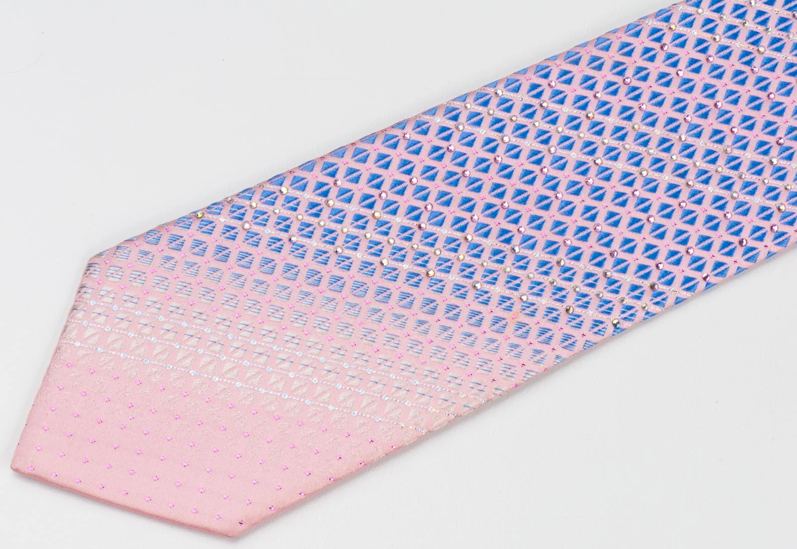 Pierre Cardin Men's Silk Rhinestone Neck Tie Blue Checked On Pink With Silver Sparkles - Image 2