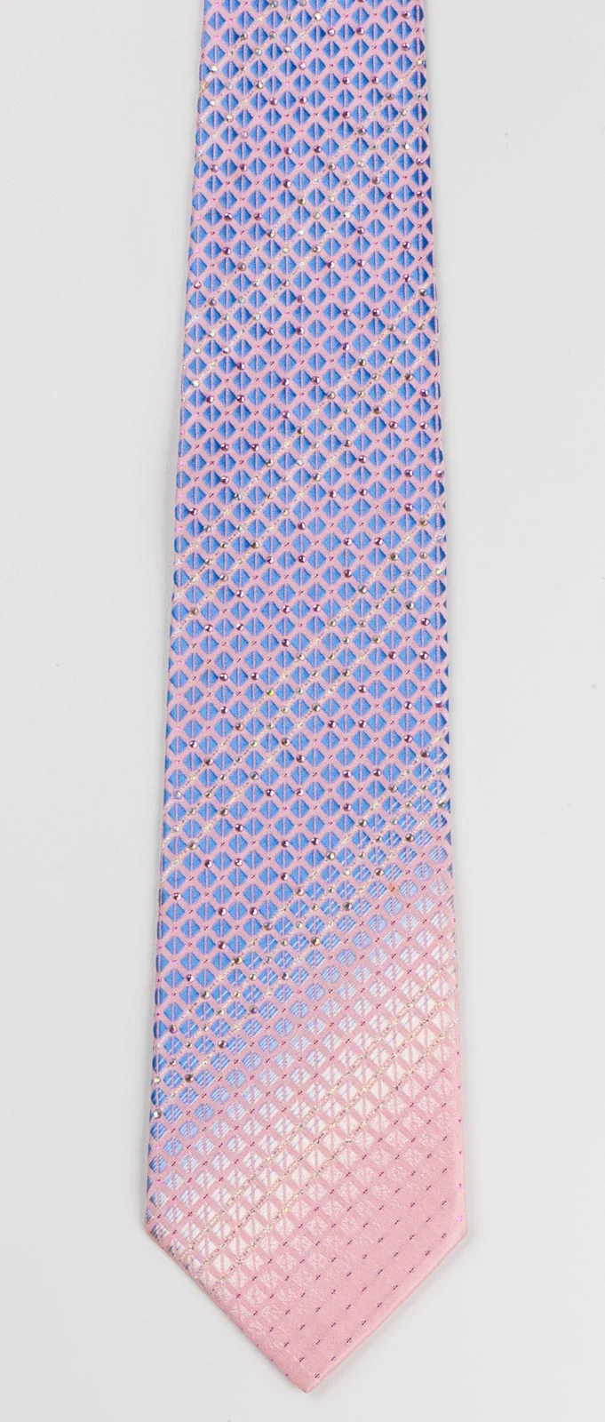 Pierre Cardin Men's Silk Rhinestone Neck Tie Blue Checked On Pink With Silver Sparkles - Image 3