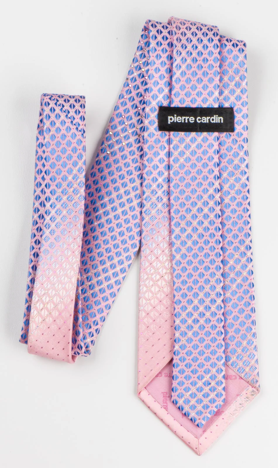 Pierre Cardin Men's Silk Rhinestone Neck Tie Blue Checked On Pink With Silver Sparkles - Image 5
