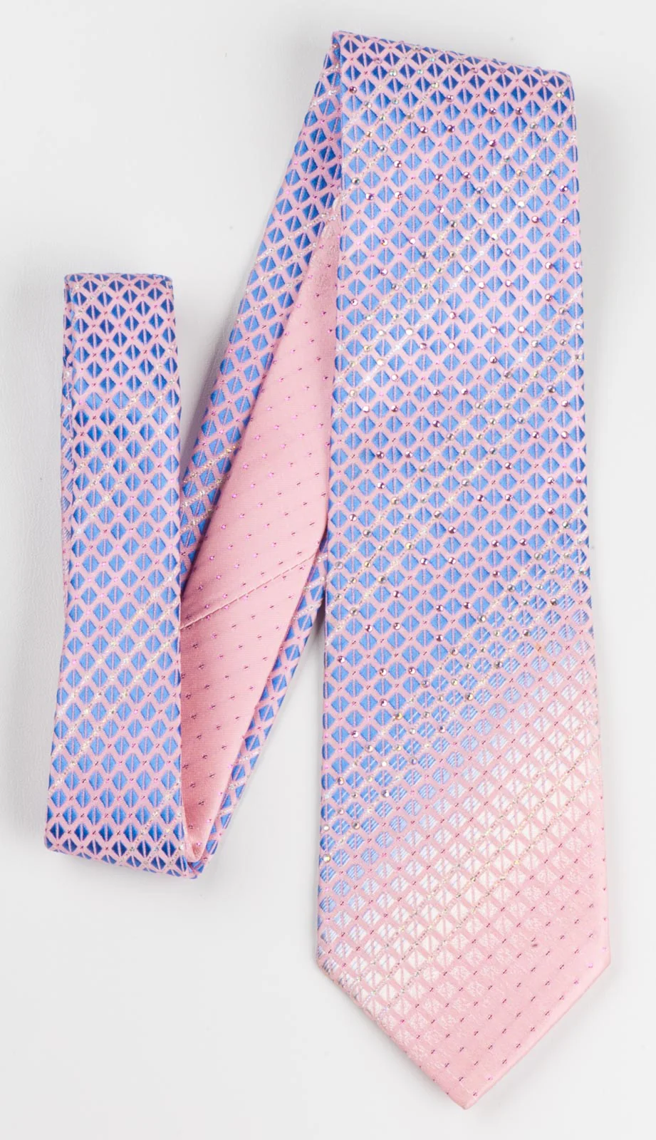 Pierre Cardin Men's Silk Rhinestone Neck Tie Blue Checked On Pink With Silver Sparkles - Image 6