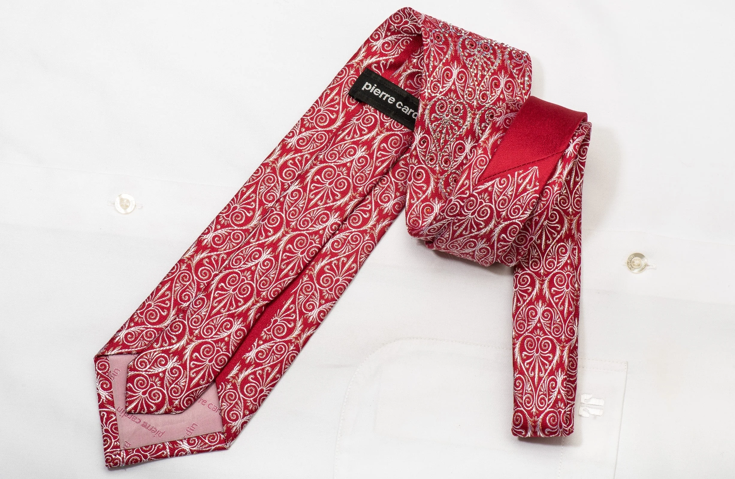 Silver Anthemion On Red Men's Rhinestone Silk Necktie With Silver Sparkles - Image 3