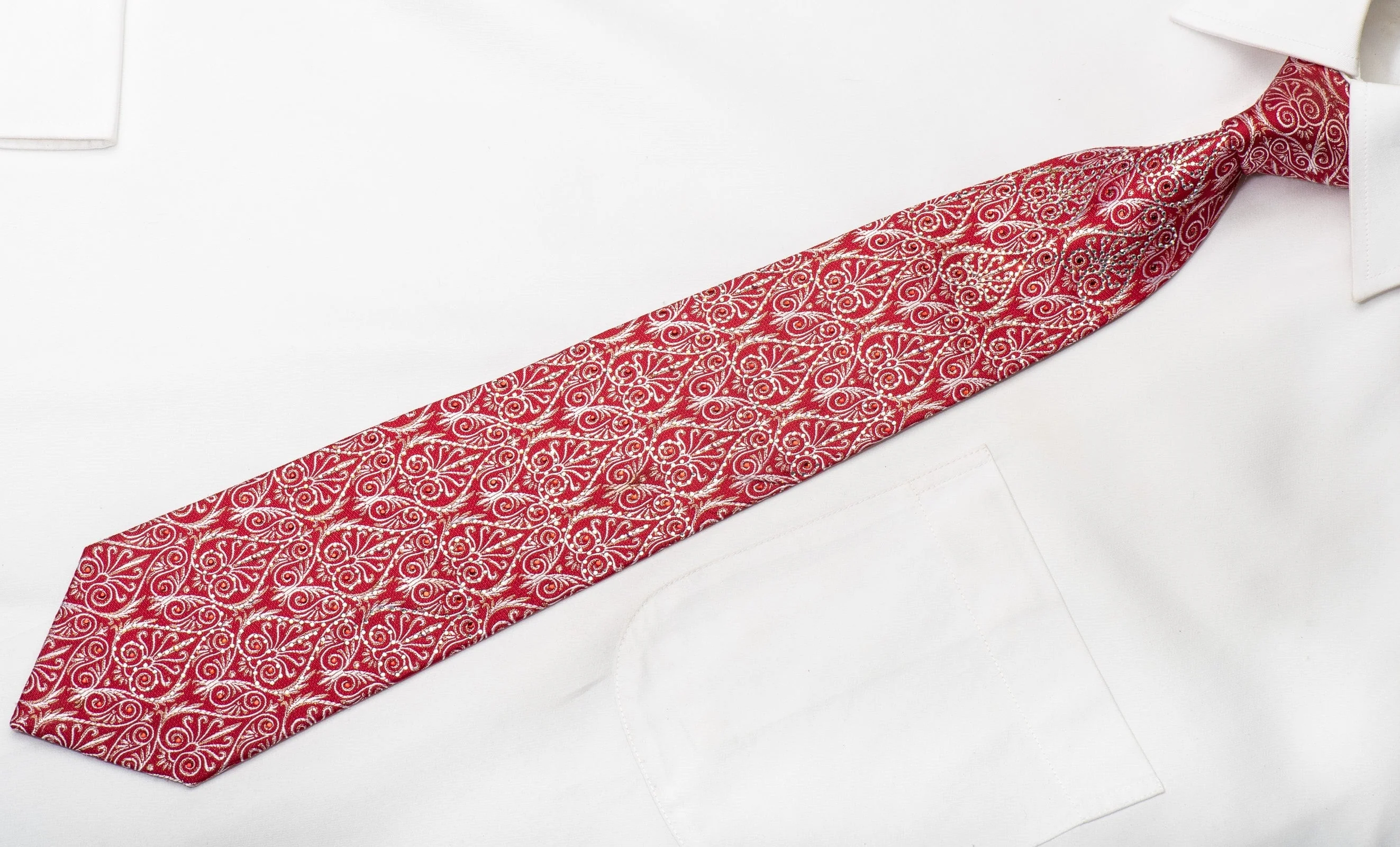 Silver Anthemion On Red Men's Rhinestone Silk Necktie With Silver Sparkles - Image 4