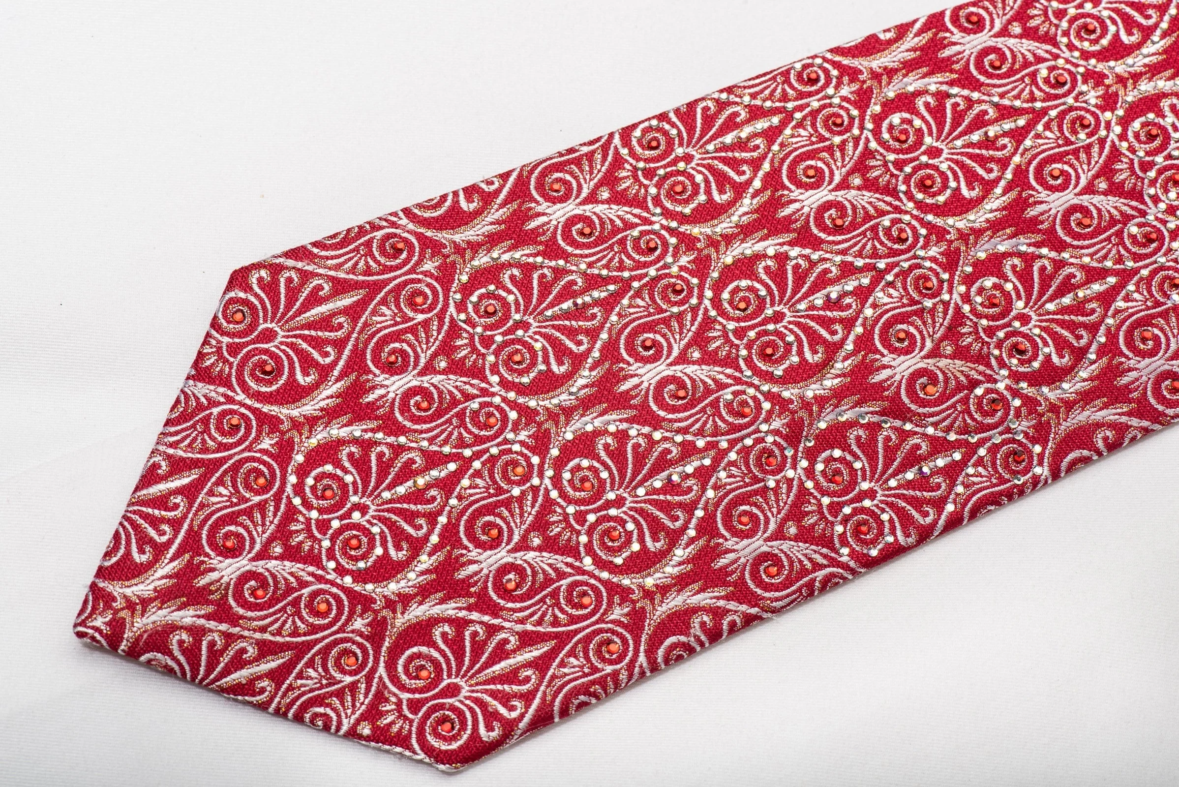 Silver Anthemion On Red Men's Rhinestone Silk Necktie With Silver Sparkles - Image 5