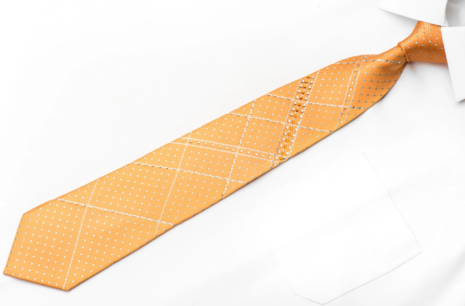 Pierre Cardin Men's Silk Rhinestone Necktie Silver Dots On Orange With Sparkles - Image 3