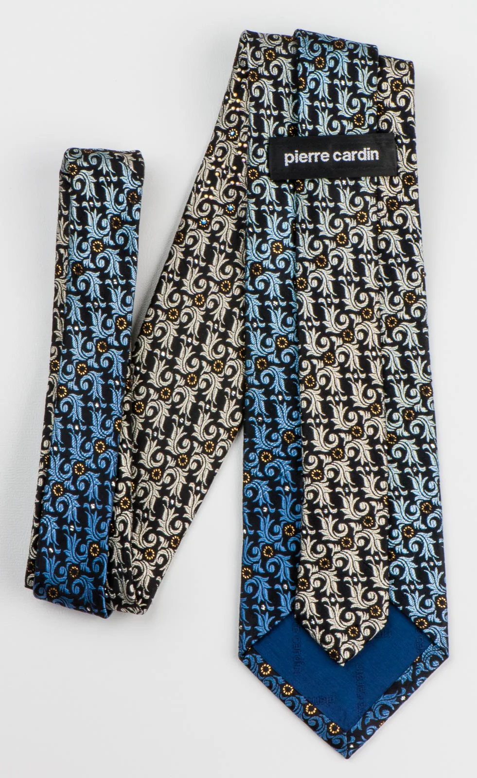 Pierre Cardin Men's Silk Rhinestone Tie Blue Imperial Leaf With Golden Sparkles - Image 8