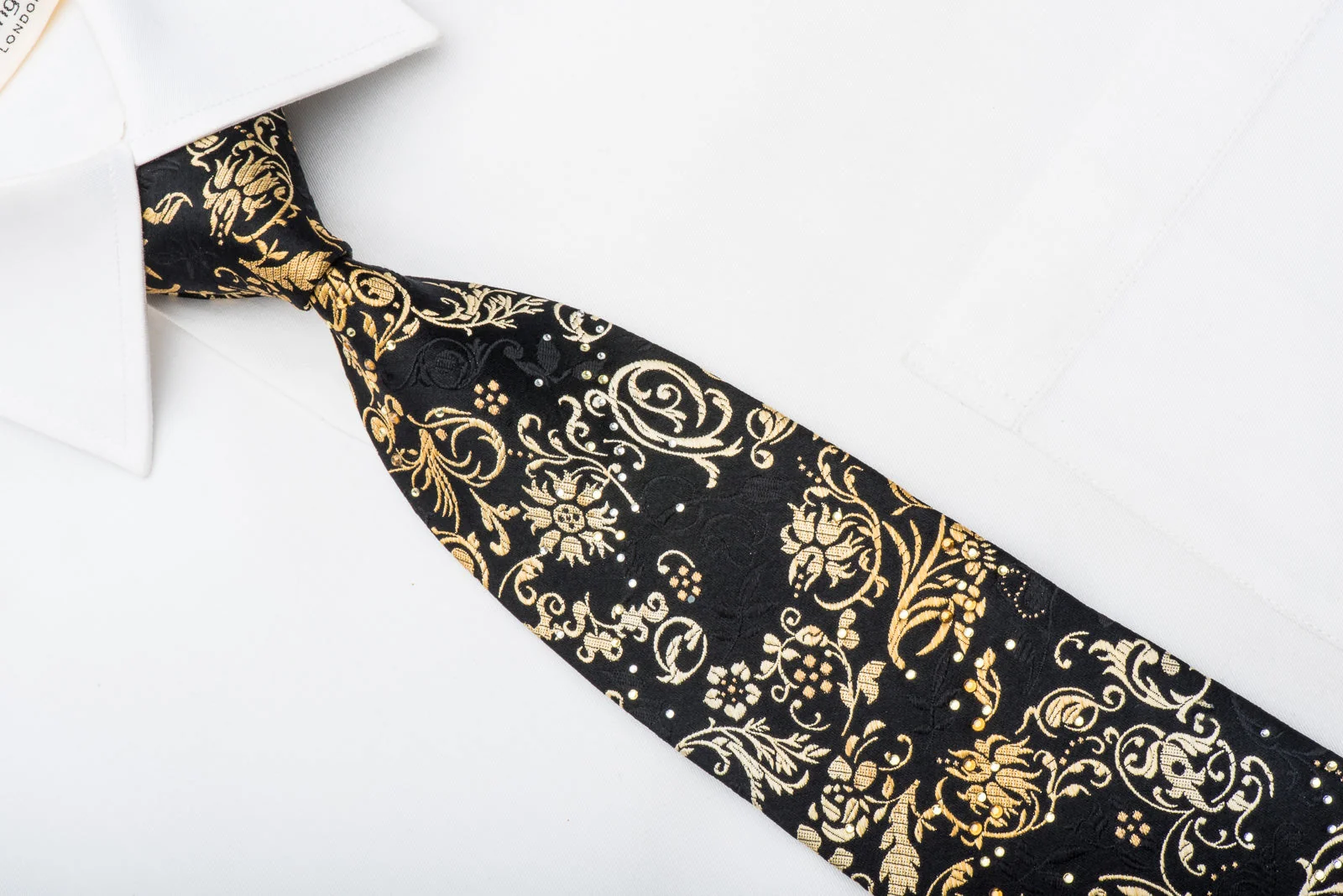 Pierre Cardin Men's Silk Tie Golden Acanthus On Black Sparkling With Rhinestones - Image 2