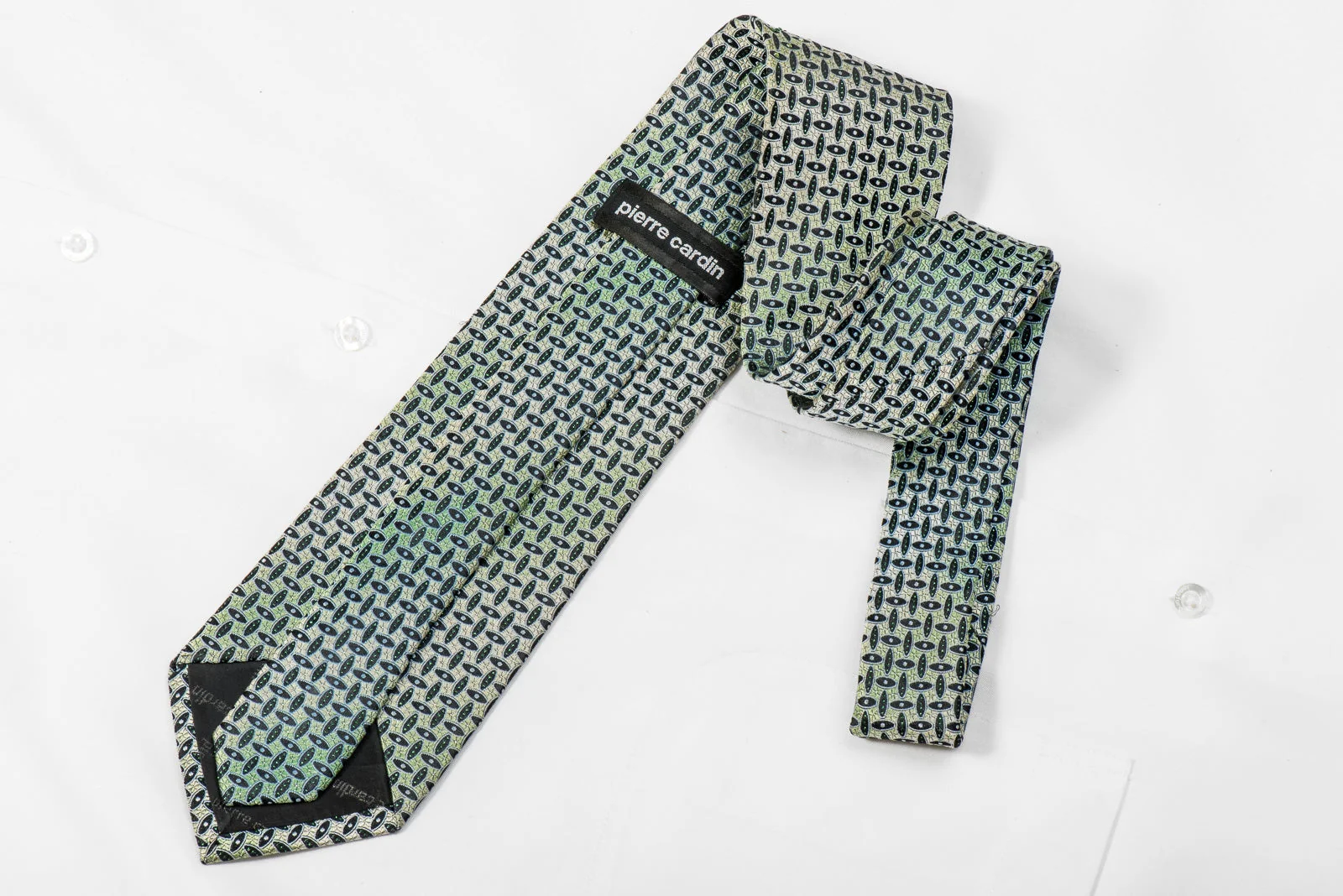 Pierre Cardin Mens Crystal Rhinestone Silk Necktie Geometric On Green With Sparkles - Image 4