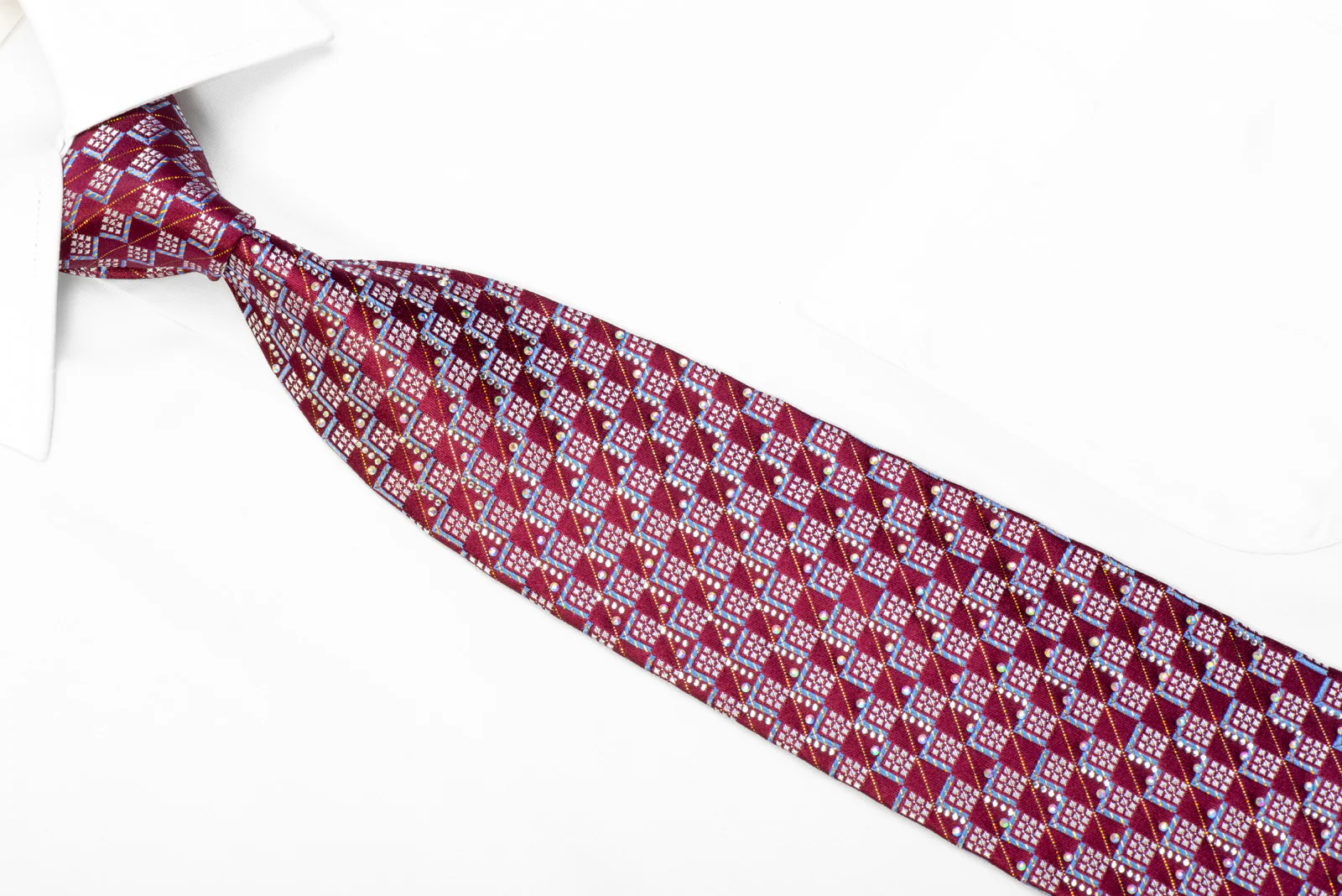 Men's Silk Necktie Silver Blue Geometric On Burgundy With Gold Sparkles - Image 2