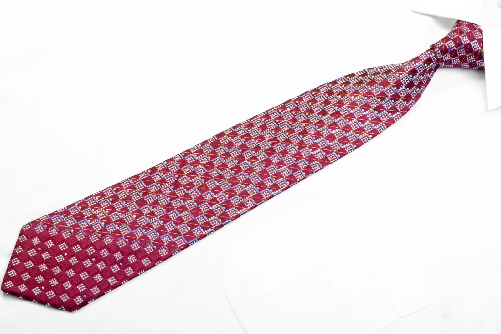 Men's Silk Necktie Silver Blue Geometric On Burgundy With Gold Sparkles - Image 3