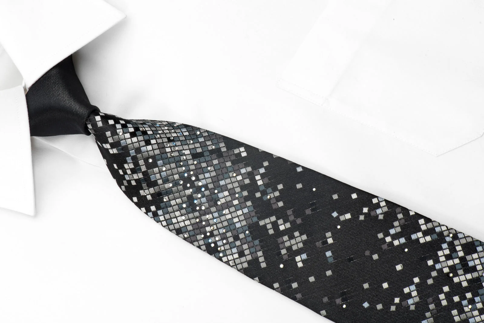 Pierre Cardin Mens Silk Necktie Silver Geometric On Black Embellished With Rhinestones - Image 3