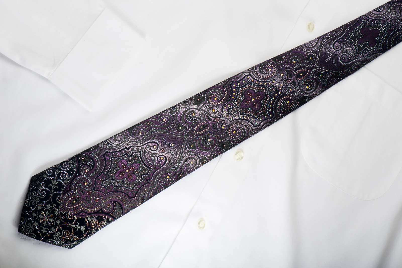 Pierre Cardin Rhinestone Necktie Damask On Dark Purple With Silver Sparkles - Image 4