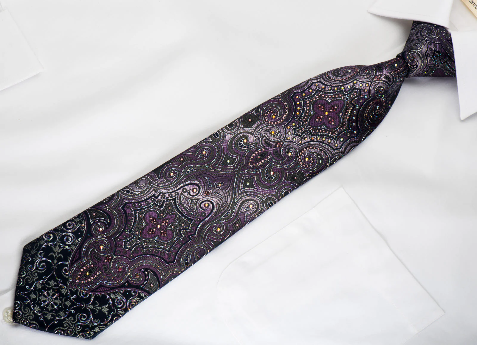 Pierre Cardin Rhinestone Necktie Damask On Dark Purple With Silver Sparkles - Image 5