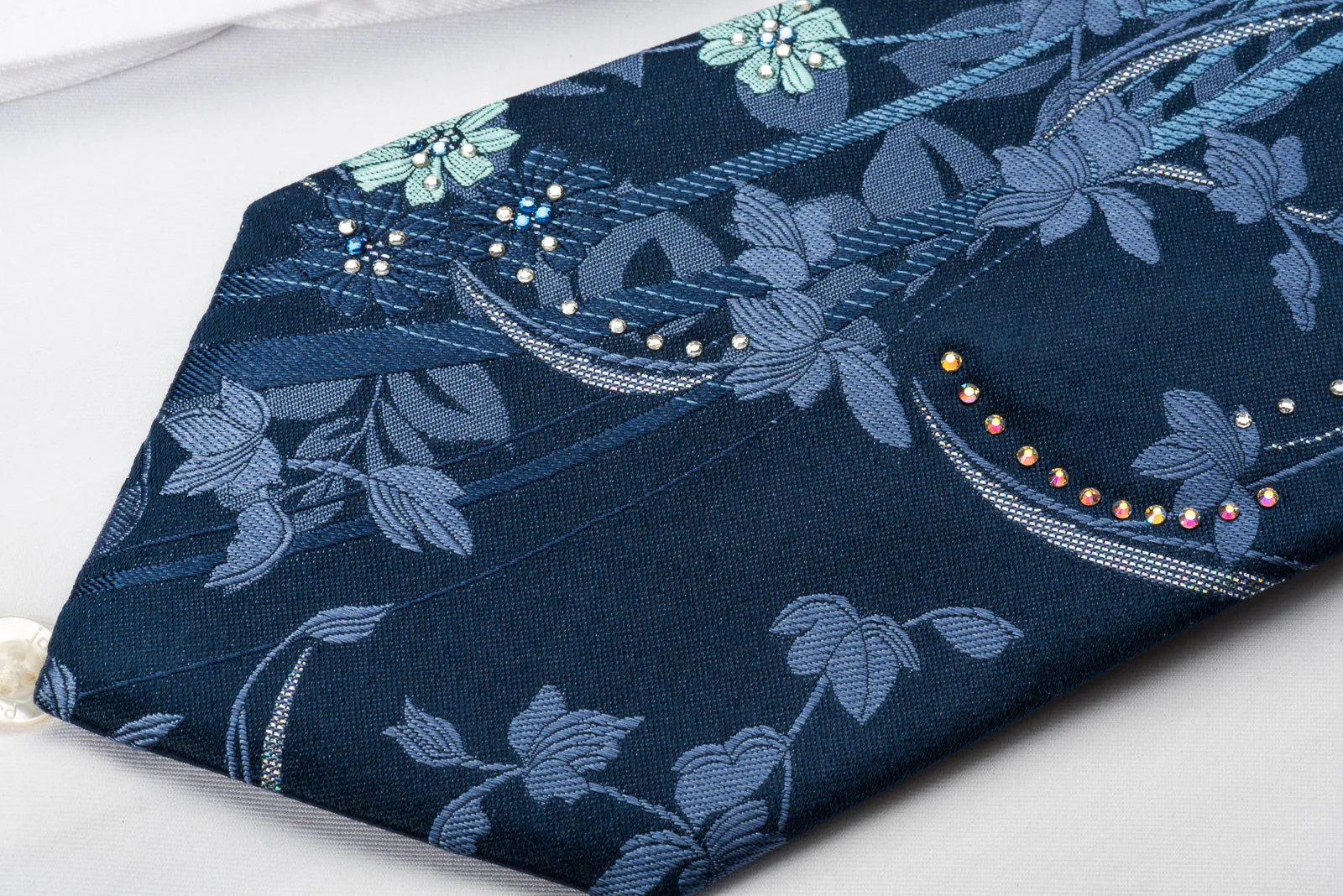 Pierre Cardin Rhinestone Necktie Floral On Blue With Silver Sparkles - Image 3