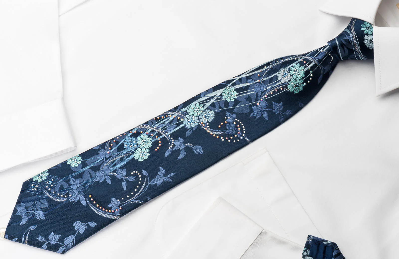 Pierre Cardin Rhinestone Necktie Floral On Blue With Silver Sparkles - Image 4