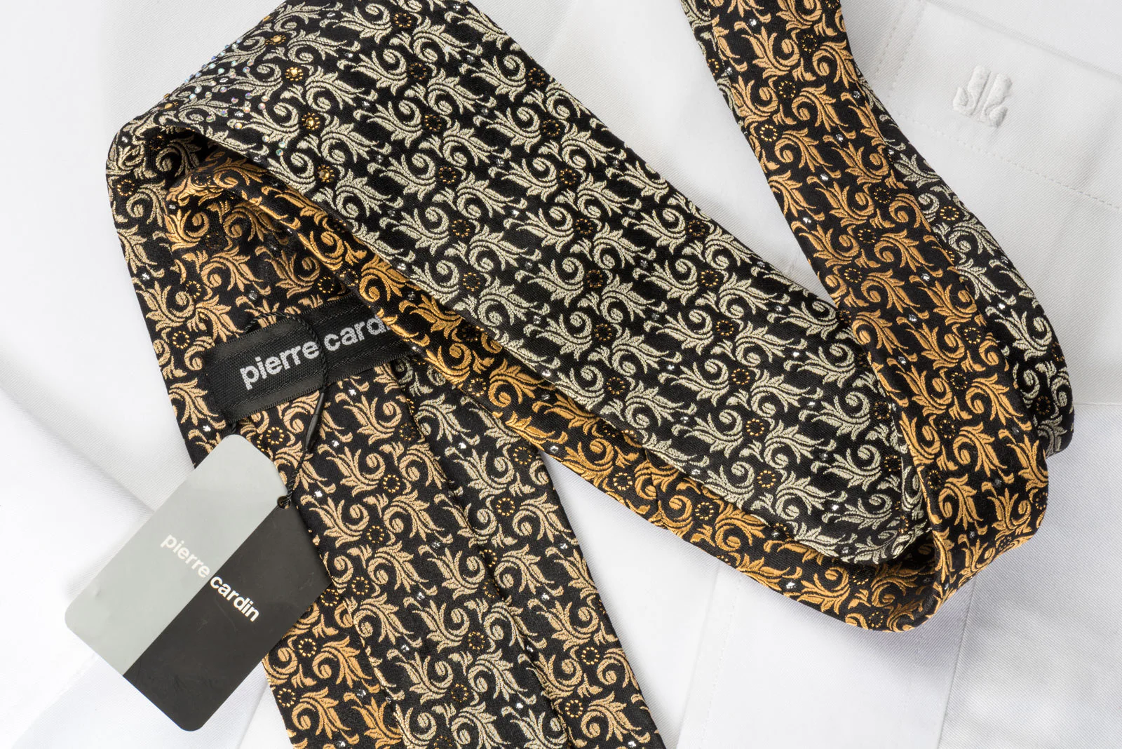 Pierre Cardin Rhinestone Necktie Golden Leaf On Black With Silver Sparkles - Image 3