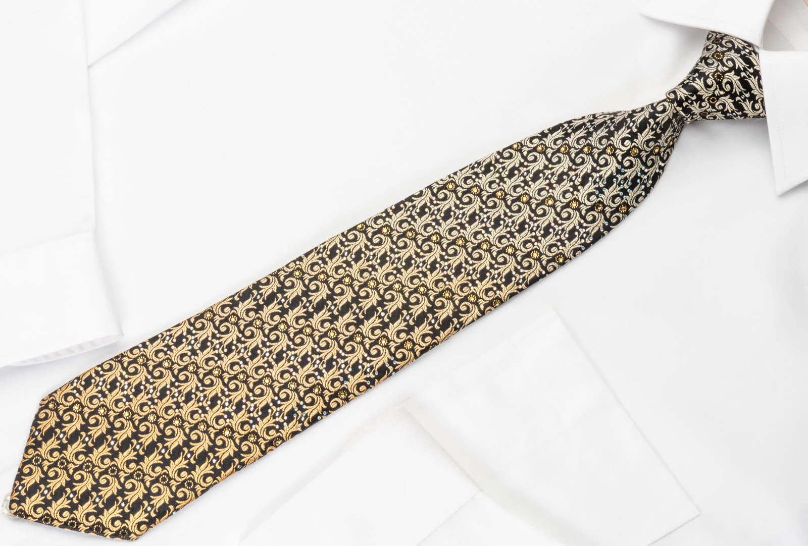 Pierre Cardin Rhinestone Necktie Golden Leaf On Black With Silver Sparkles - Image 4