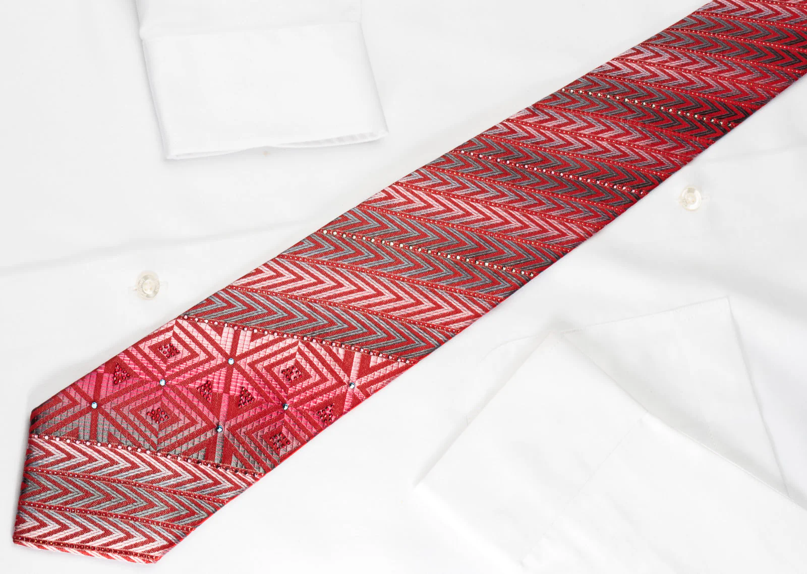 Pierre Cardin Rhinestone Necktie Silver Chevron On Red With Silver Sparkles - Image 5