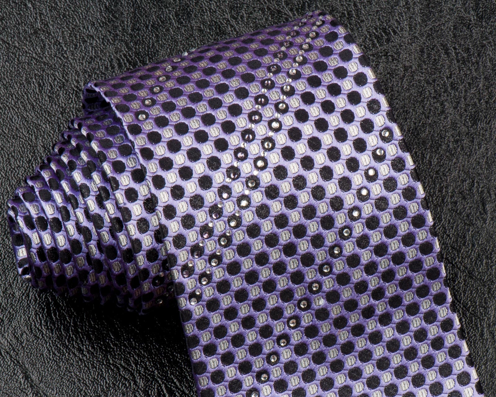 Pierre Cardin Rhinestone Silk Neck Tie Black Silver Dots On Mauve 3 1/4 Inch - Image 2