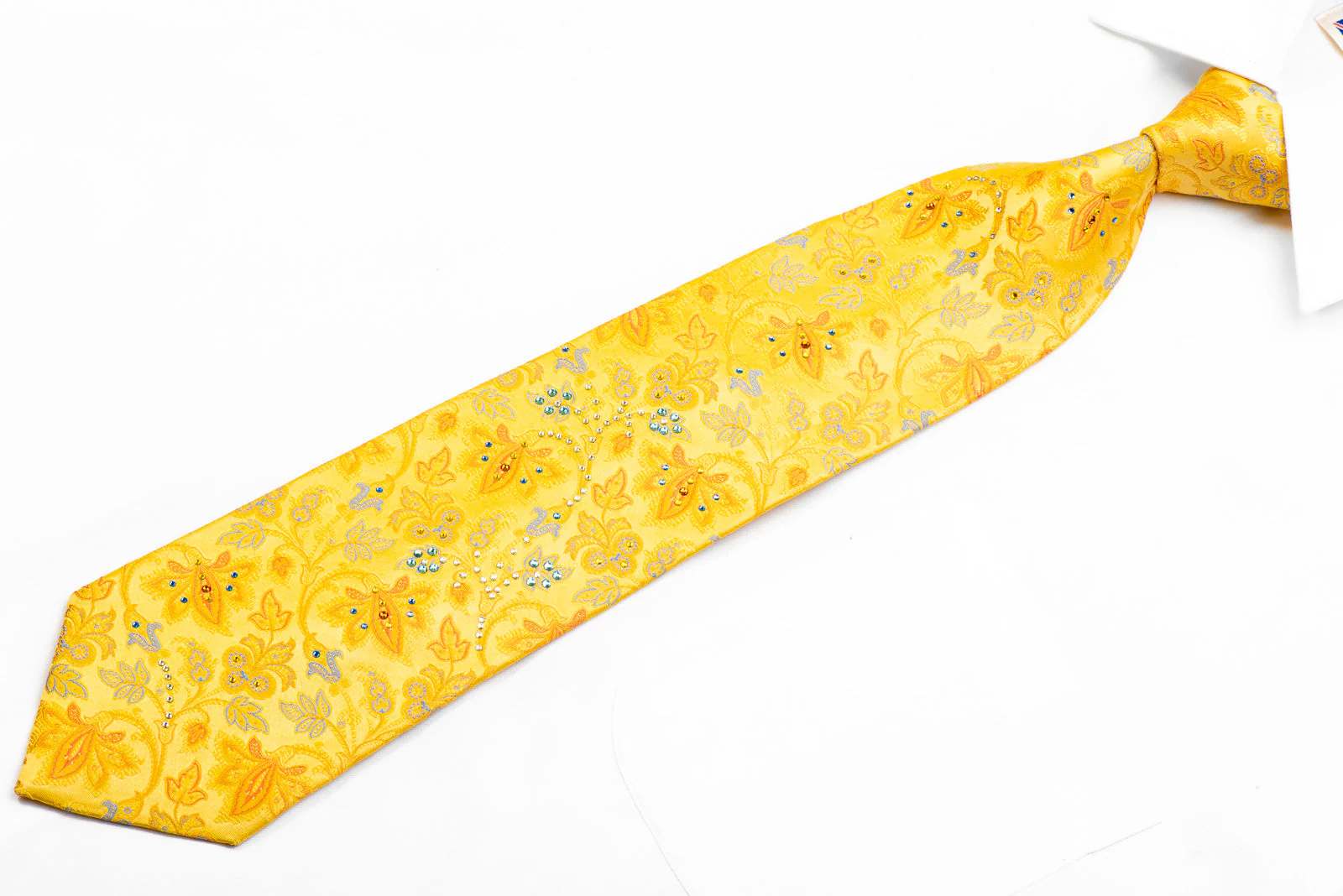 Pierre Cardin Rhinestone Silk Necktie Anthemion Floral On Yellow - Image 4