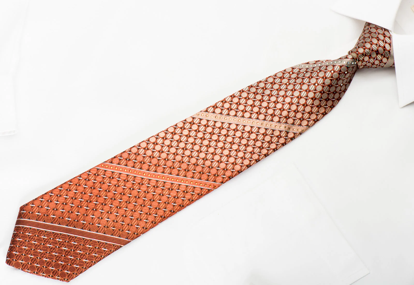 Pierre Cardin Rhinestone Silk Necktie Orange Dots On Brown With Silver Sparkles - Image 2