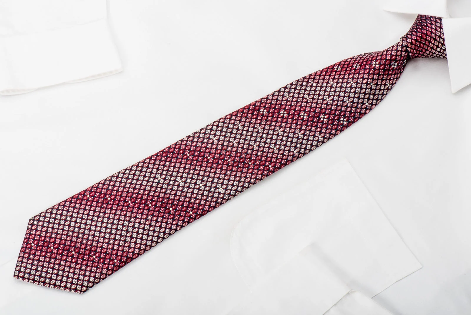 Pierre Cardin Rhinestone Silk Necktie Pink Burgundy Dots On Navy With Silver Sparkles - Image 3