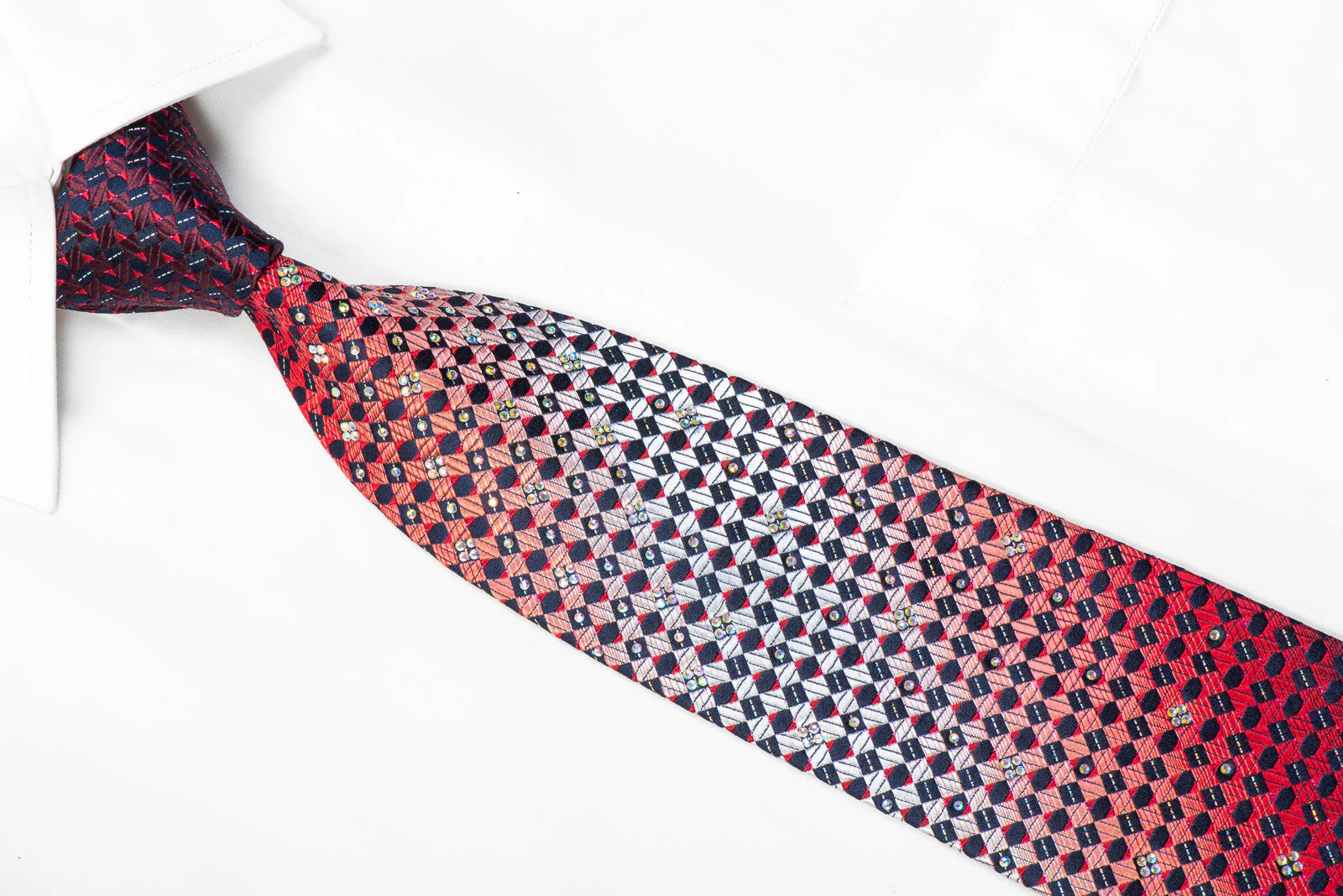 Pierre Cardin Rhinestone Silk Necktie Red Navy Checkered With Silver Sparkles - Image 2