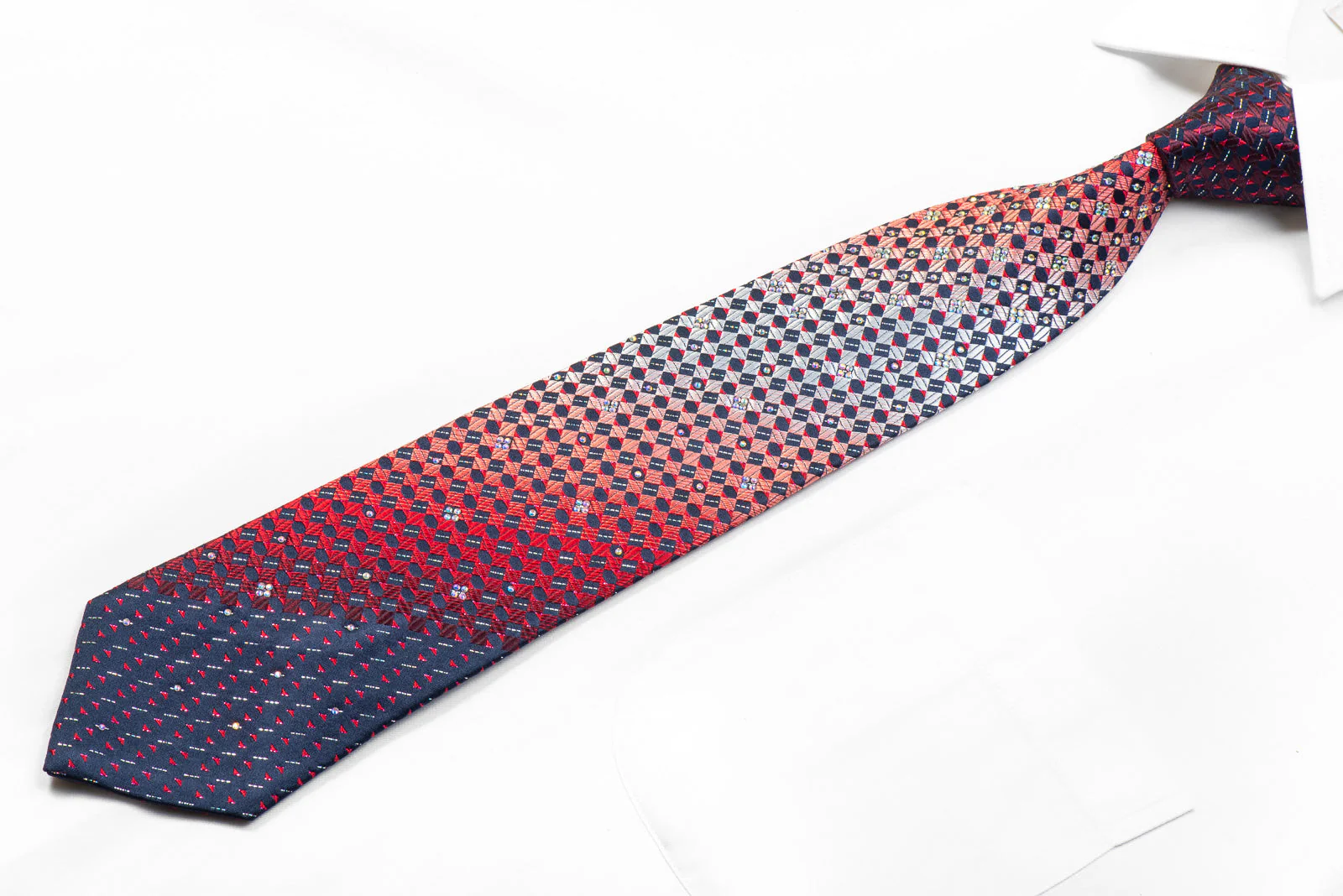 Pierre Cardin Rhinestone Silk Necktie Red Navy Checkered With Silver Sparkles - Image 3