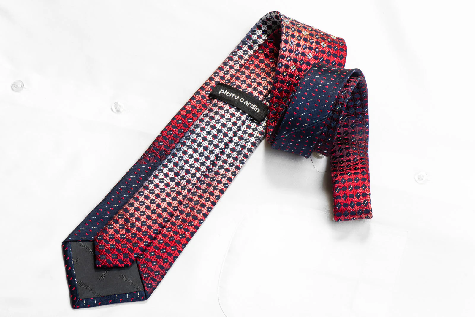 Pierre Cardin Rhinestone Silk Necktie Red Navy Checkered With Silver Sparkles - Image 4
