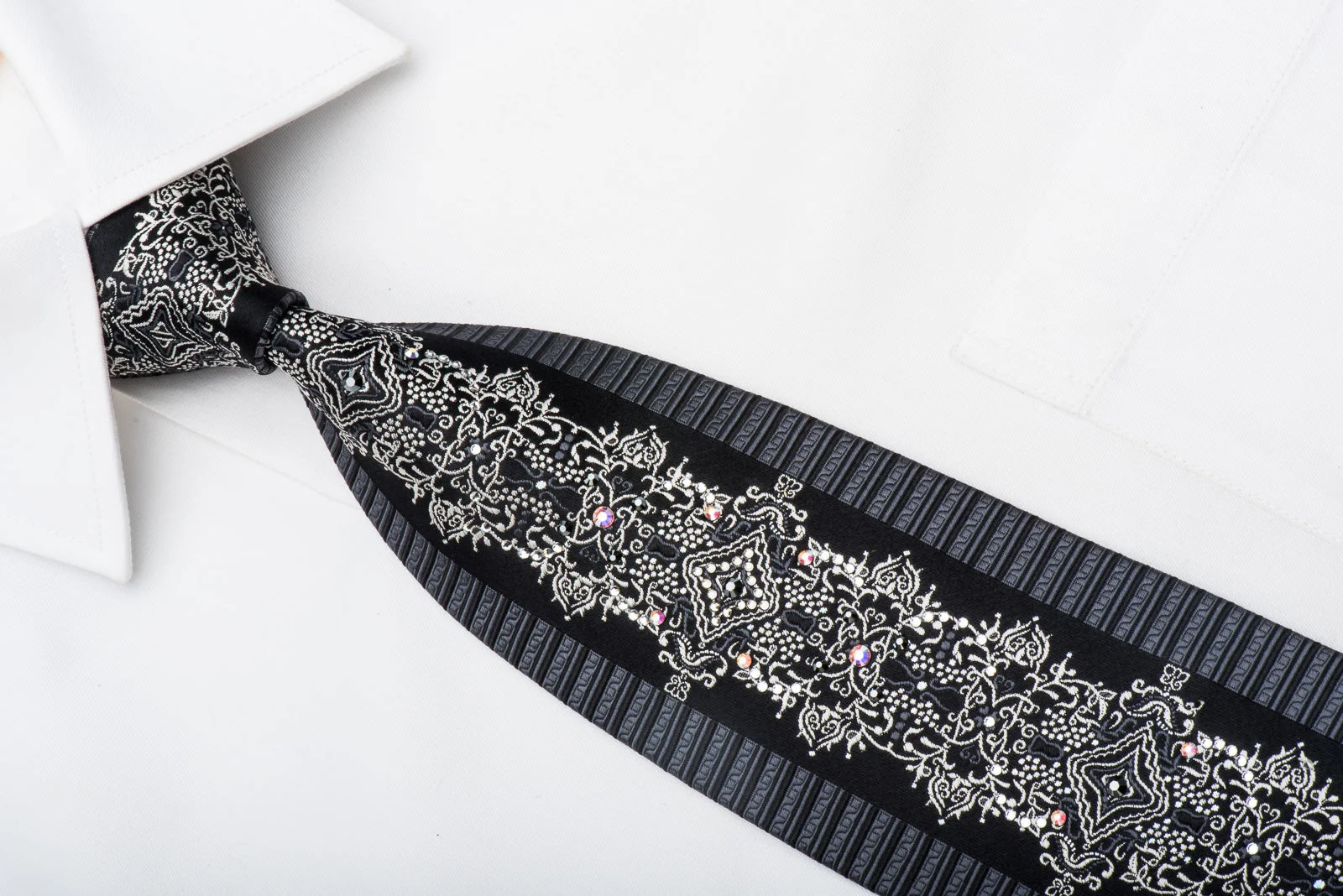 Black Rhinestone Silk Necktie Silver Damask On Black With Silver Sparkles - Image 5