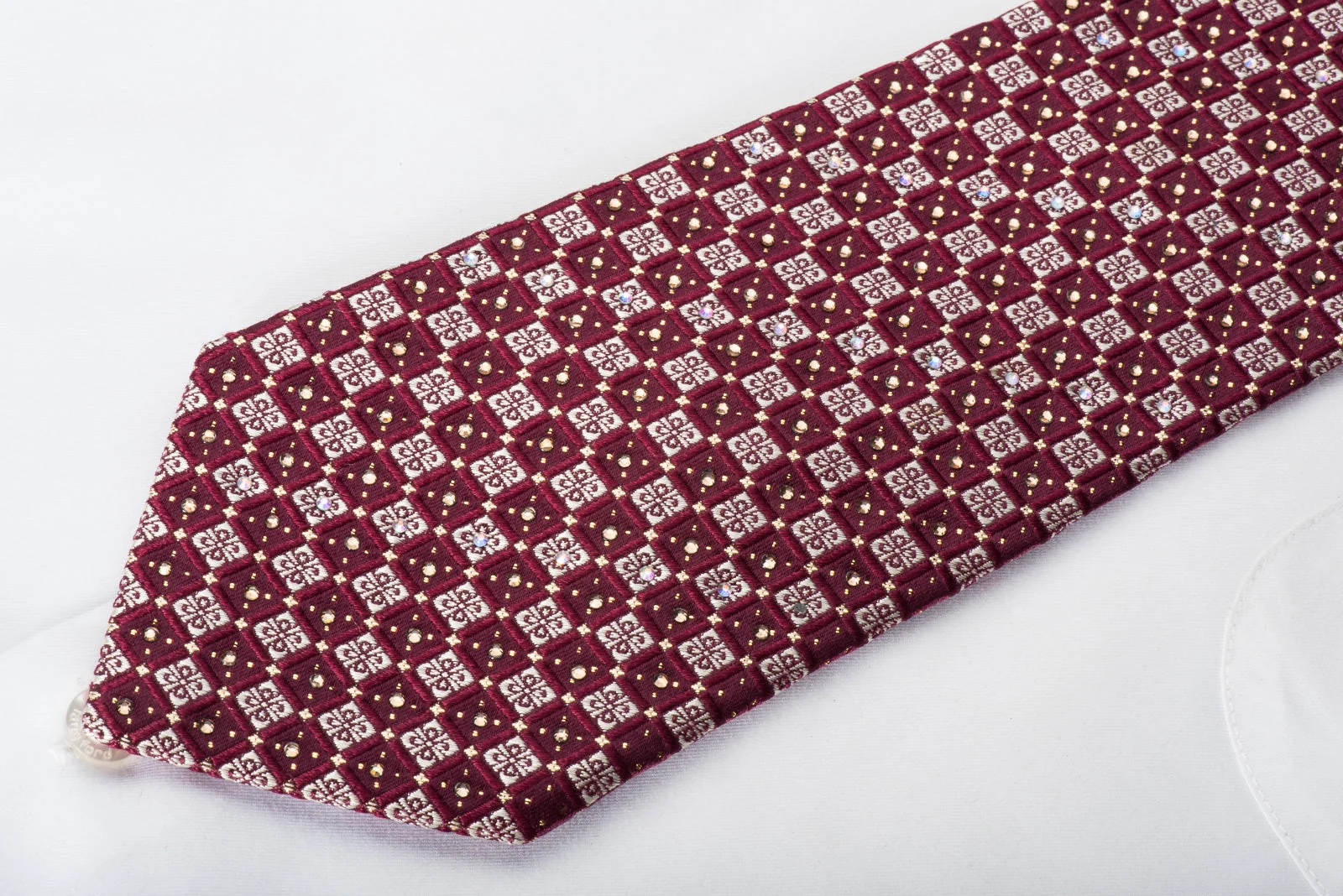 Rhinestone Silk Necktie Silver Checkered Foulard On Burgundy With Gold Sparkles - Image 3
