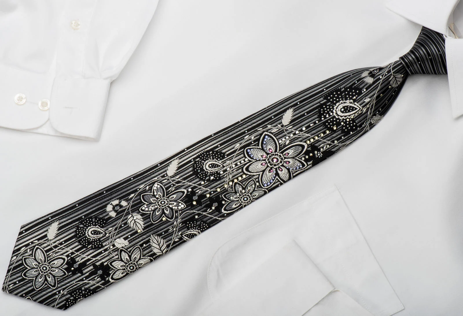 Pierre Cardin Rhinestone Silk Necktie Silver Floral On Black With Silver Sparkles - Image 3