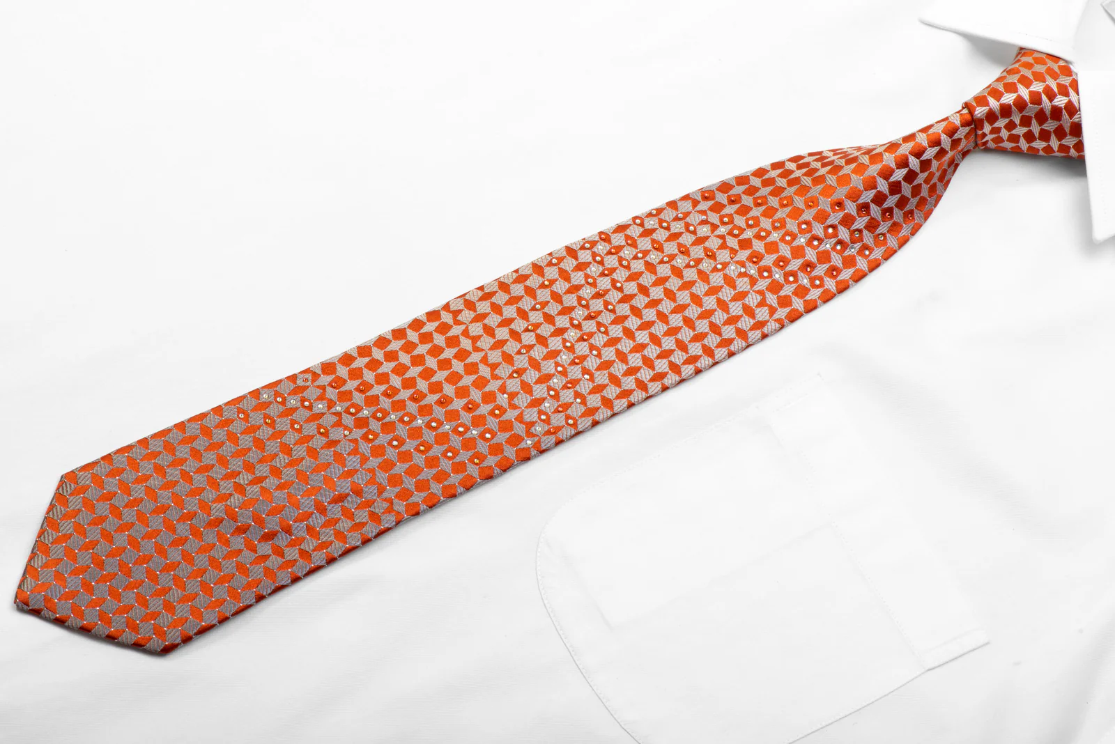Pierre Cardin Rhinestone Silk Necktie Silver Geometric On Orange With Sparkles - Image 3