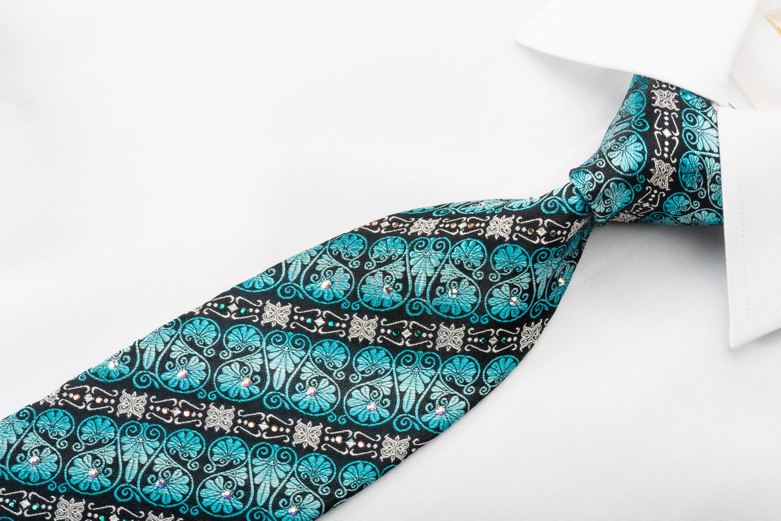 Pierre Cardin Rhinestone Silk Necktie Silver Turquoise Anthemion On Navy With Sparkles - Image 2