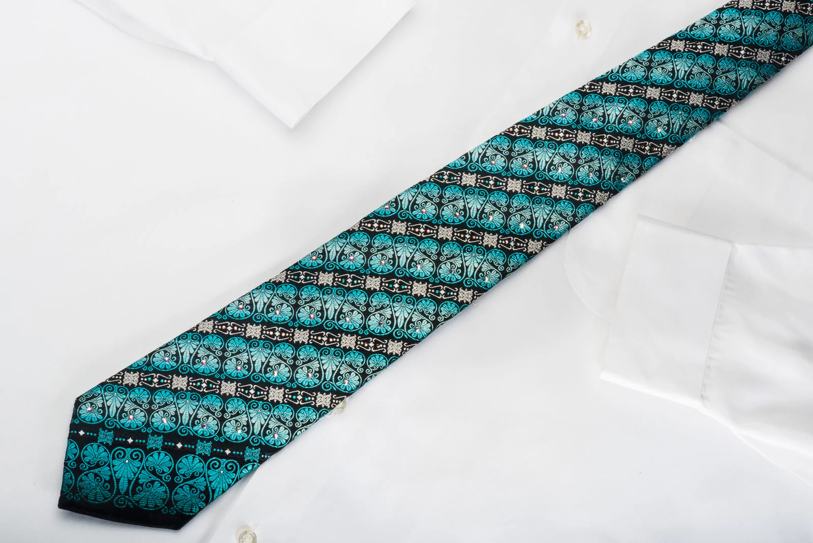 Pierre Cardin Rhinestone Silk Necktie Silver Turquoise Anthemion On Navy With Sparkles - Image 3