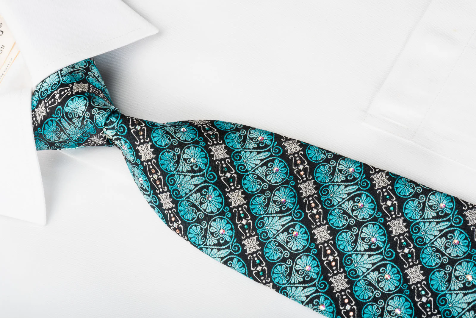 Pierre Cardin Rhinestone Silk Necktie Silver Turquoise Anthemion On Navy With Sparkles - Image 4