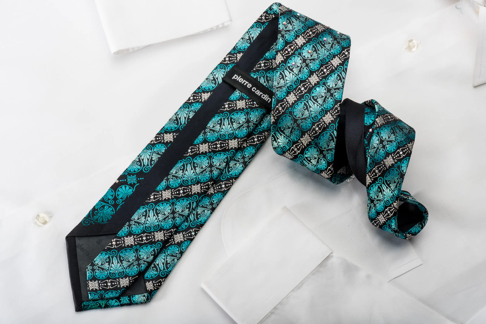 Pierre Cardin Rhinestone Silk Necktie Silver Turquoise Anthemion On Navy With Sparkles - Image 6