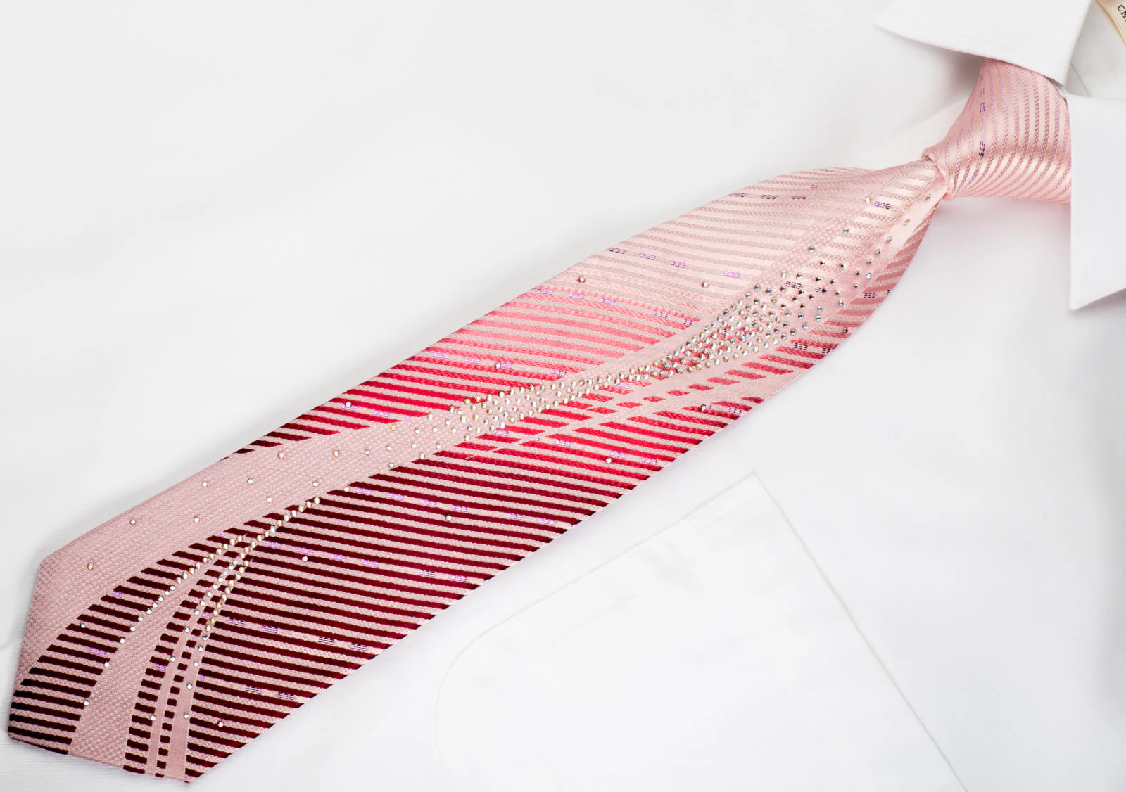 Pierre Cardin Rhinestone Silk Necktie Stripes & Waves On Pink With Purple Sparkles - Image 5