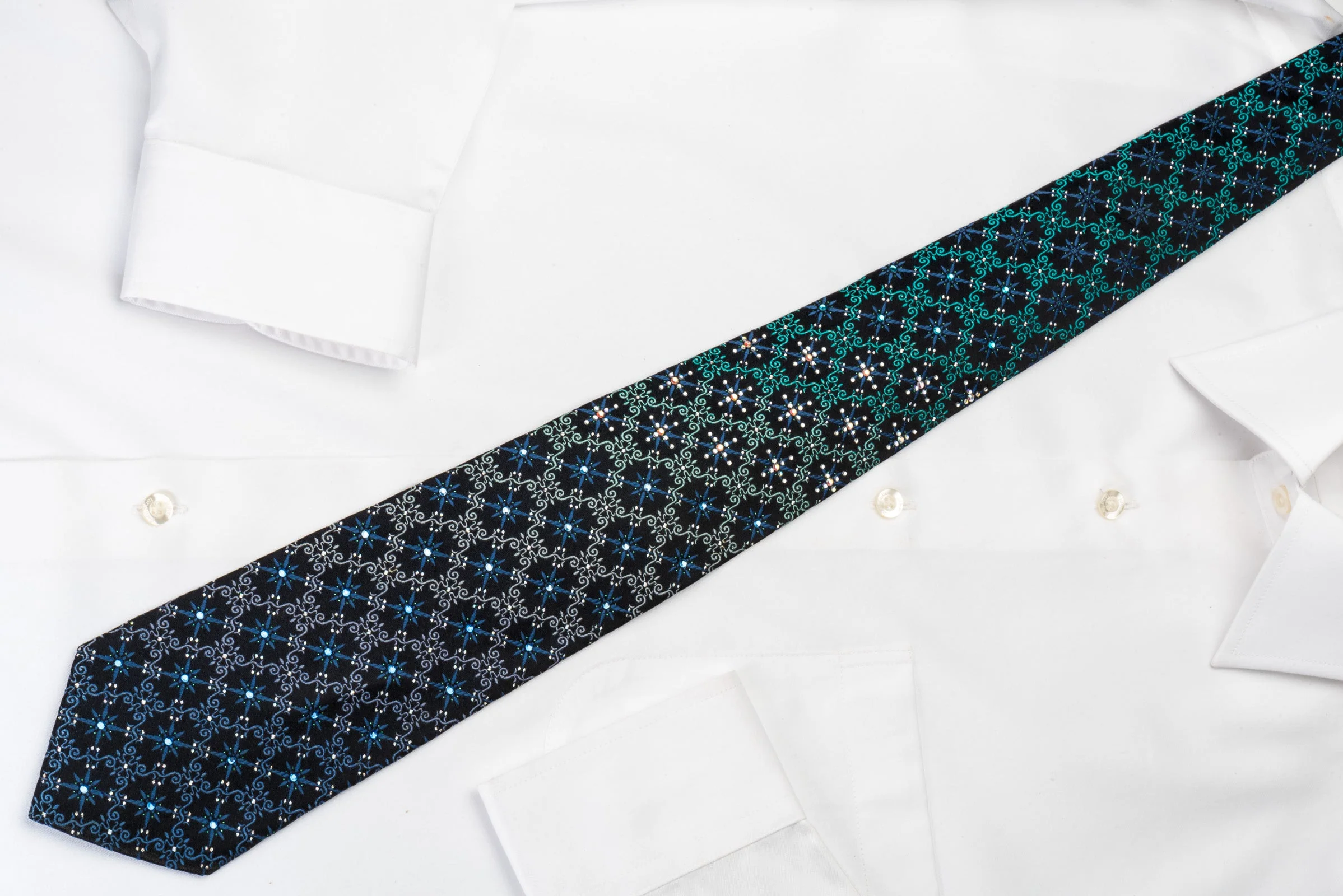 Pierre Cardin Rhinestone Silk Necktie Turquoise Cartouche On Blue With Sparkles - Image 2