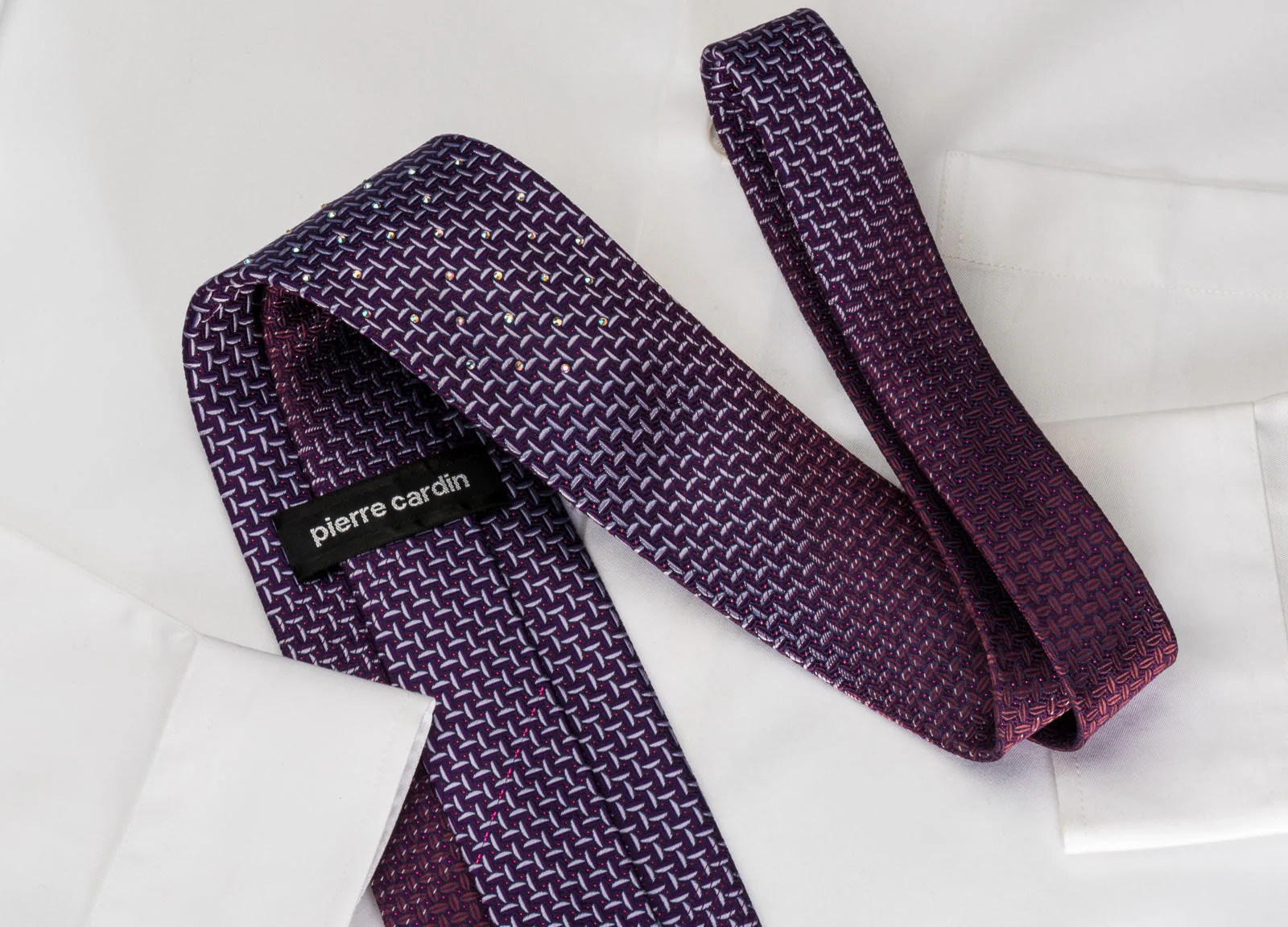 Pierre Cardin Rhinestone Silk Tie Silver Weave On Purple With Red Sparkles - Image 3