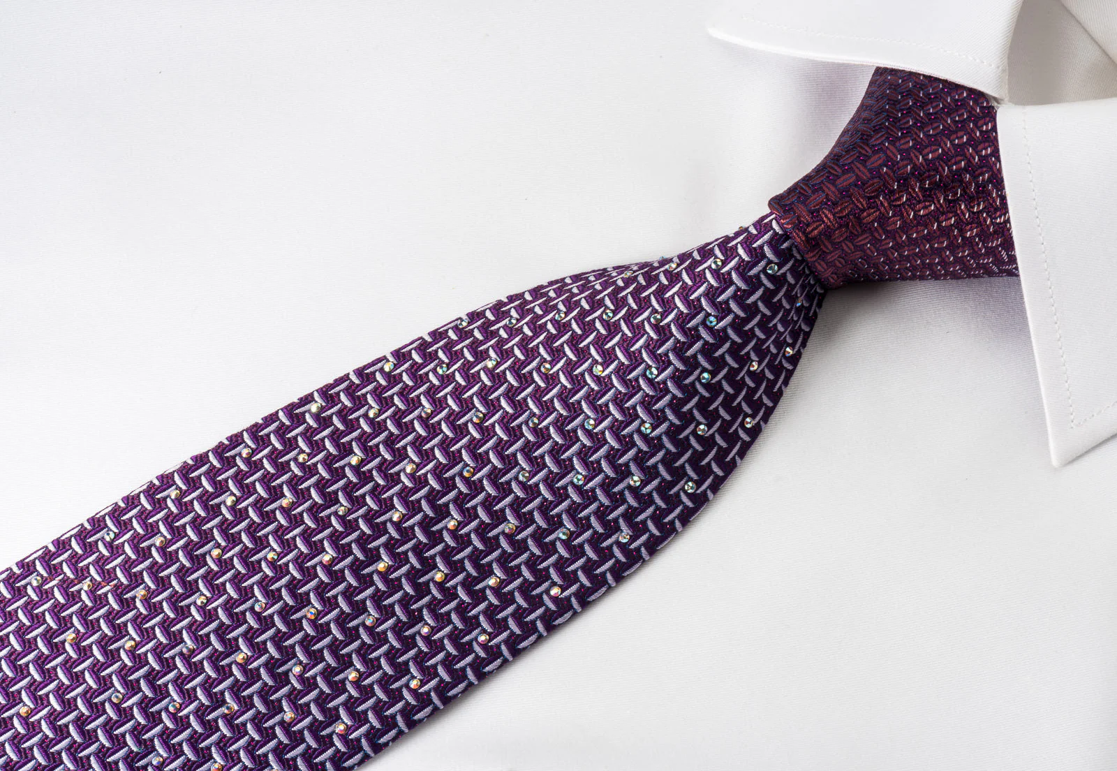 Pierre Cardin Rhinestone Silk Tie Silver Weave On Purple With Red Sparkles - Image 5