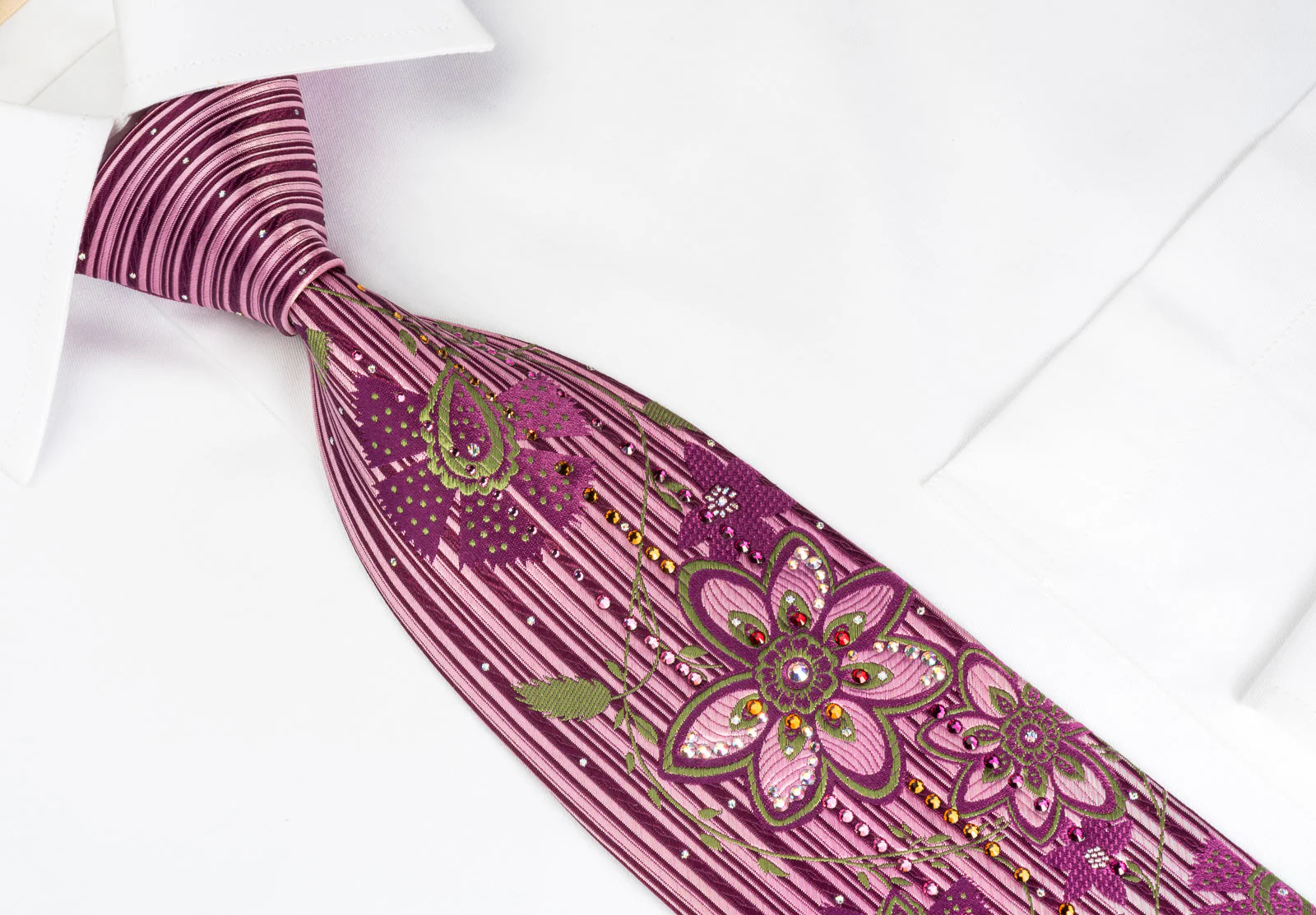 Pierre Cardin Rhinestone Tie Green Floral On Purple With Silver Sparkles - Image 3