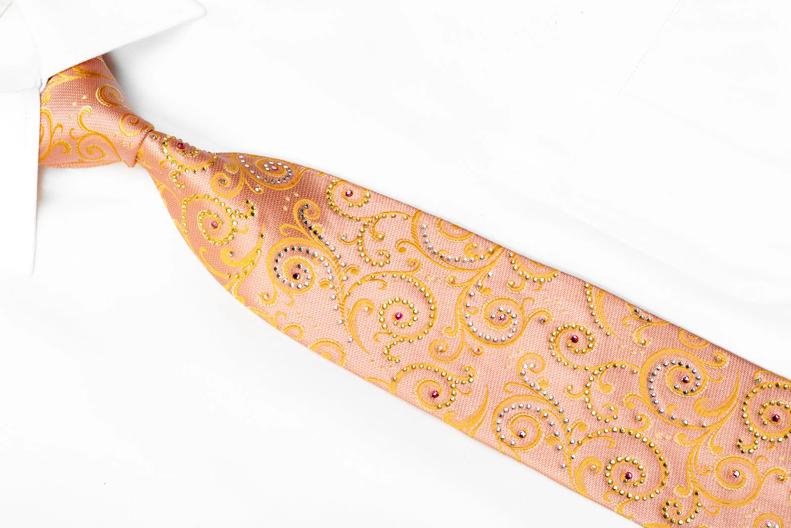 Orange Scrolls On Peach Rhinestone Silk Necktie With Gold Sparkles - Image 2